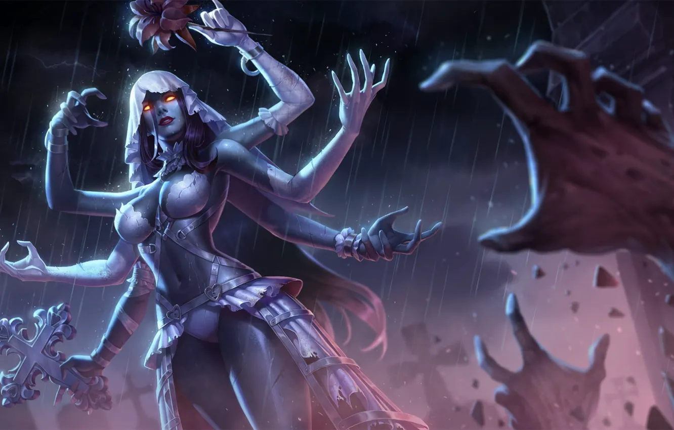 Photo wallpaper clouds, rain, cross, arena, many hands, big Breasts, online, glowing eyes