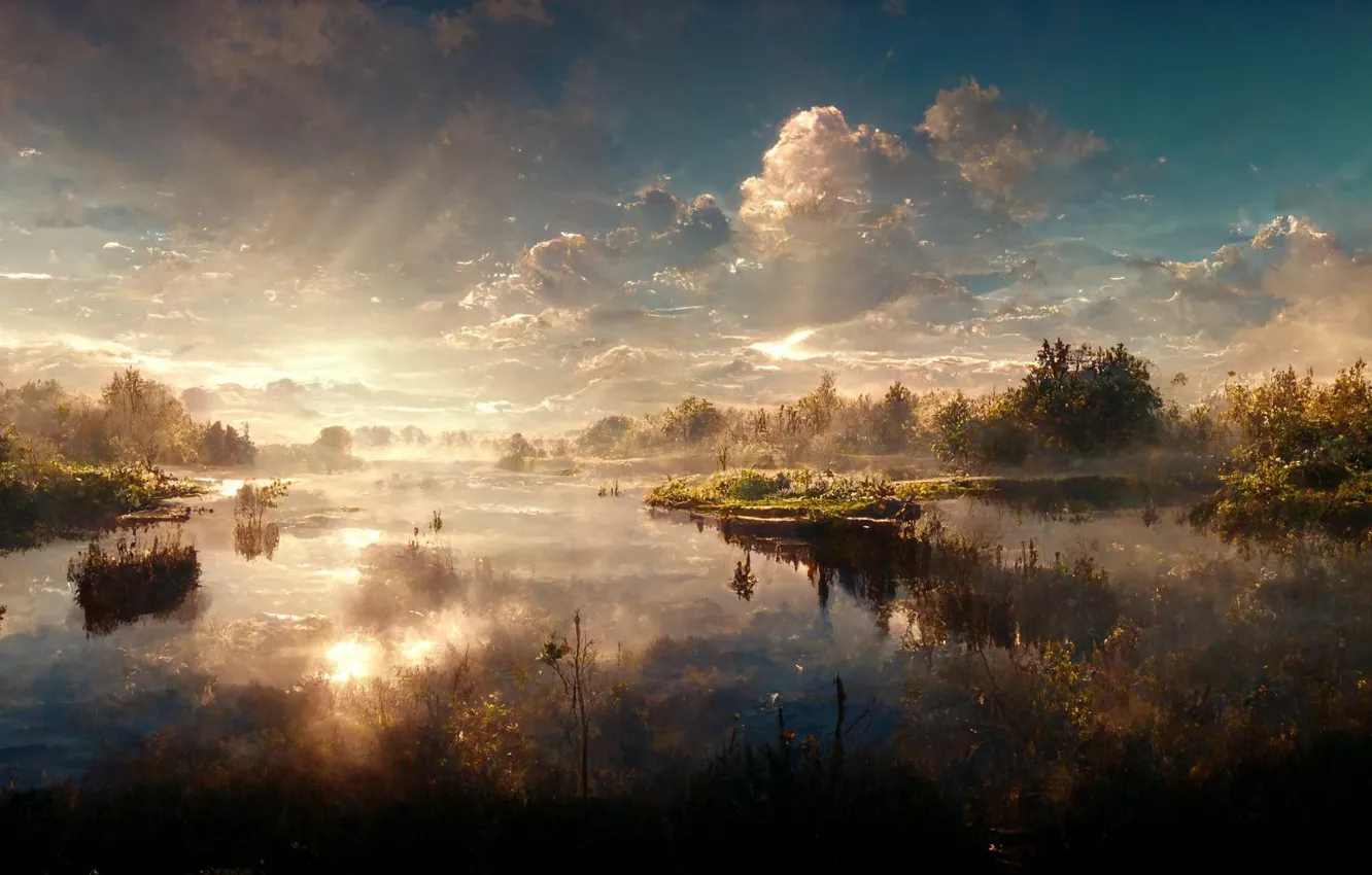 Photo wallpaper sky, landscape, nature, water, clouds, reflection, digital art, artwork