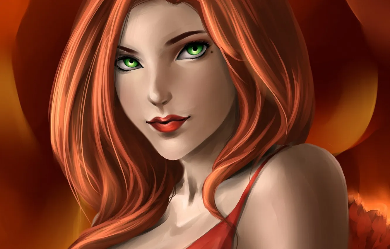 Photo wallpaper girl, face, art, red, mole