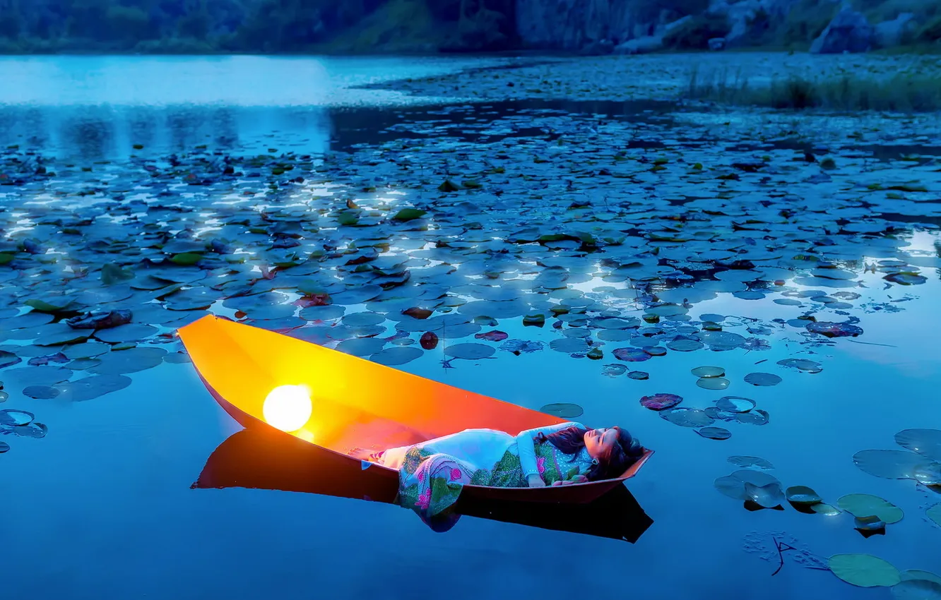 Photo wallpaper girl, lake, boat