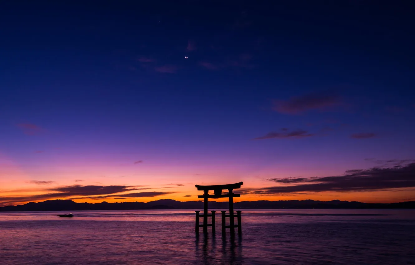 Photo wallpaper landscape, mountains, the ocean, dawn, gate, Japan, arch, torii