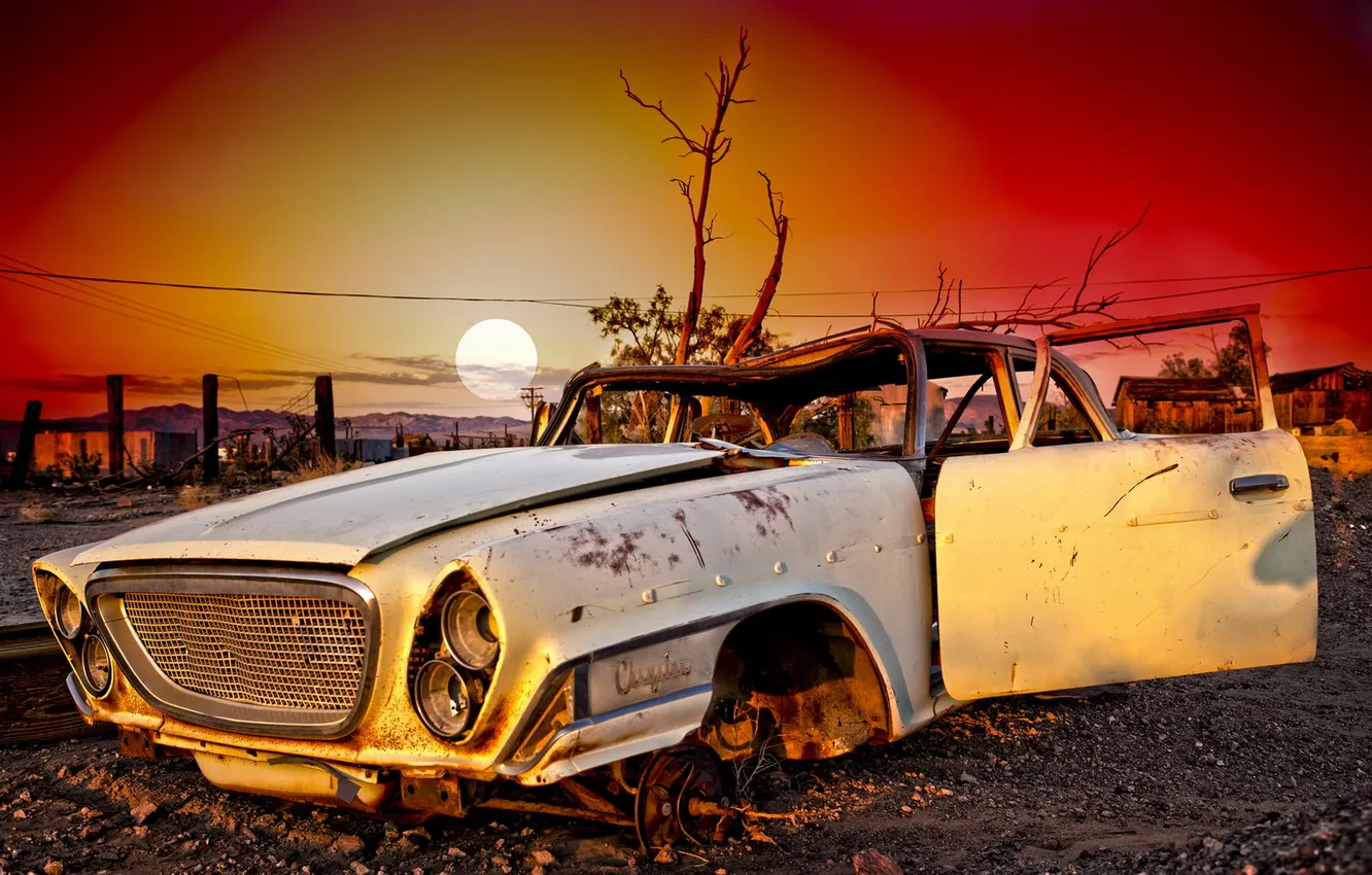 Photo wallpaper machine, sunset, scrap