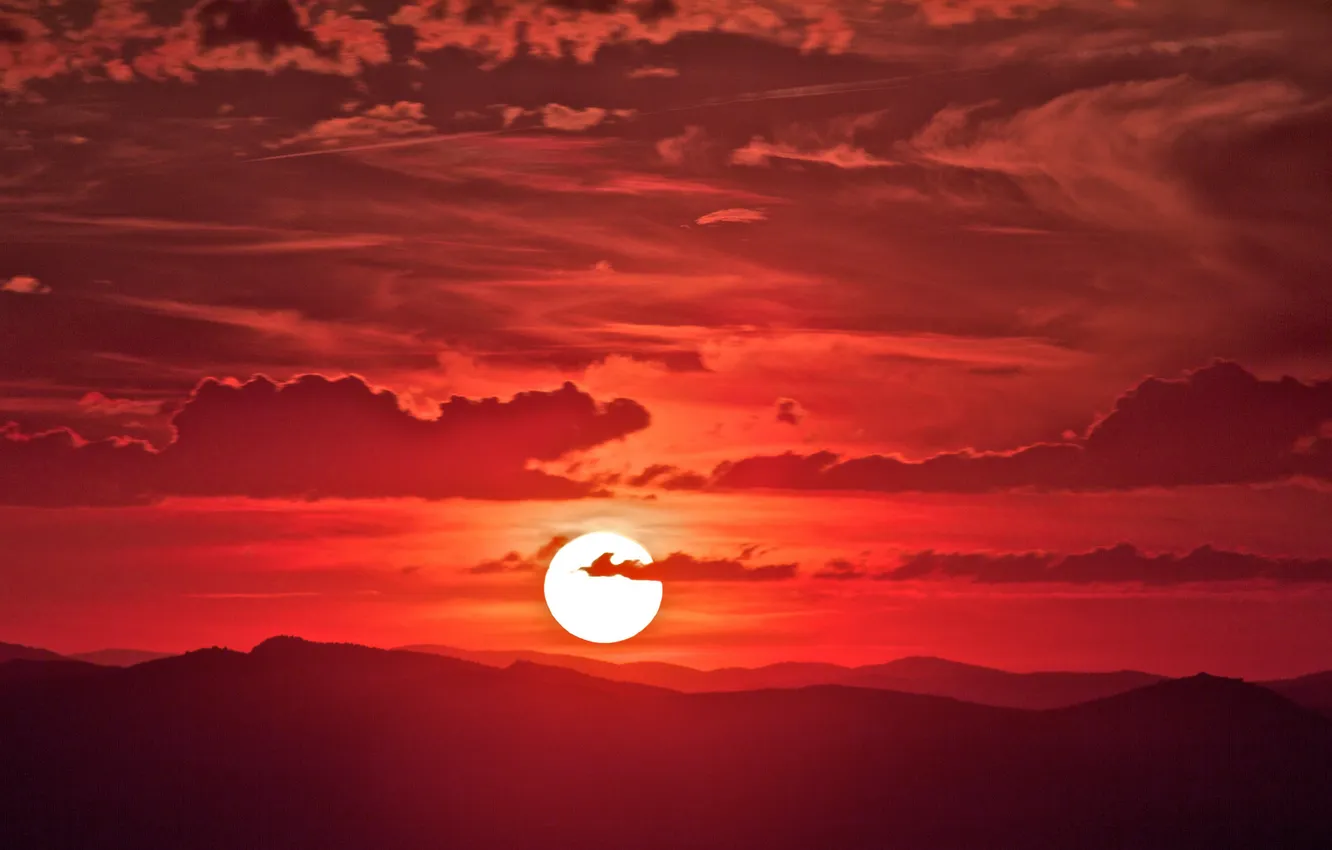 Photo wallpaper the sky, the sun, clouds, sunset, mountains, horizon