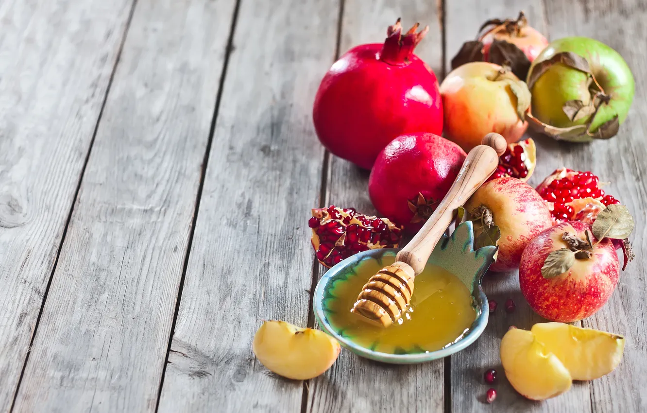 Photo wallpaper apples, grain, honey, honey, slices, garnet, dry leaves, apples