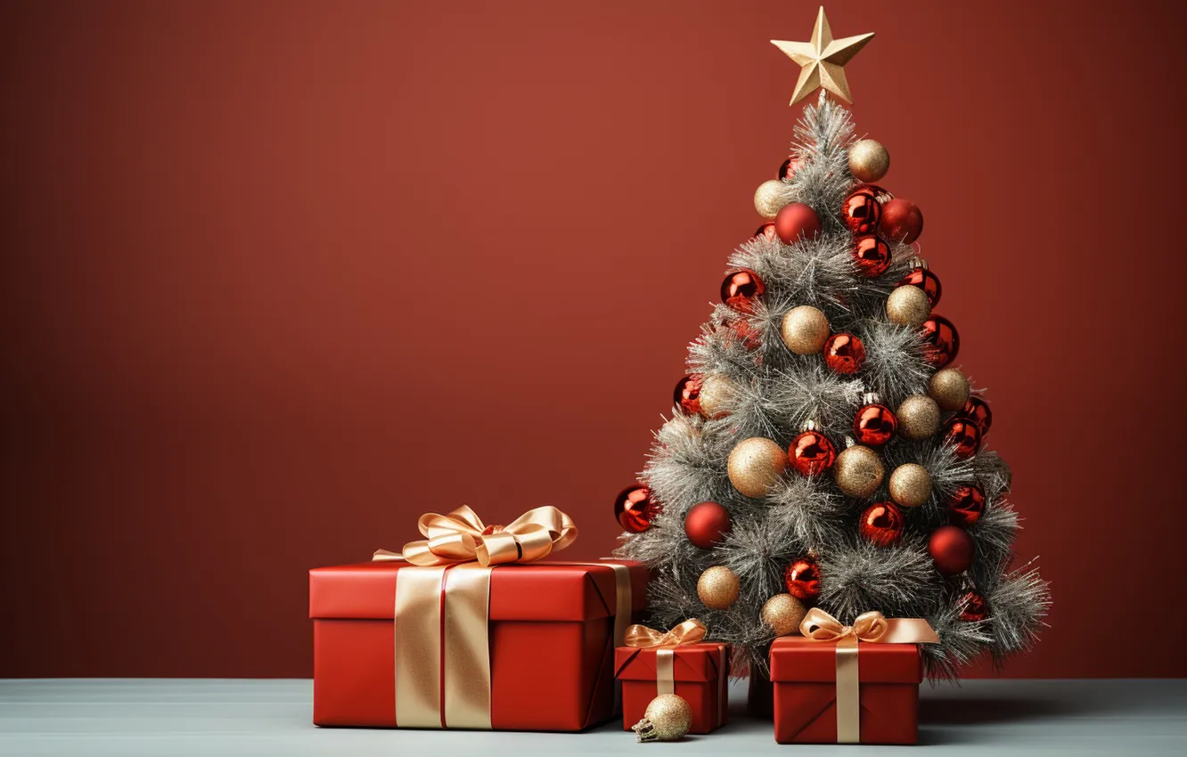 Photo wallpaper gift, tree, new year, Christmas, Christmas, tree, decoration, Gift Boxes