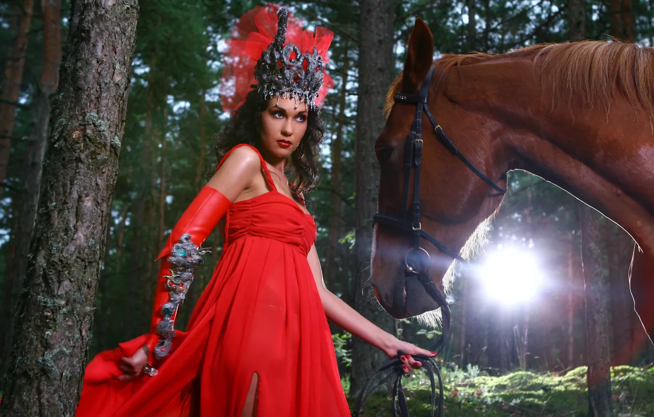 Photo wallpaper forest, look, girl, nature, horse, horse, crown, red dress