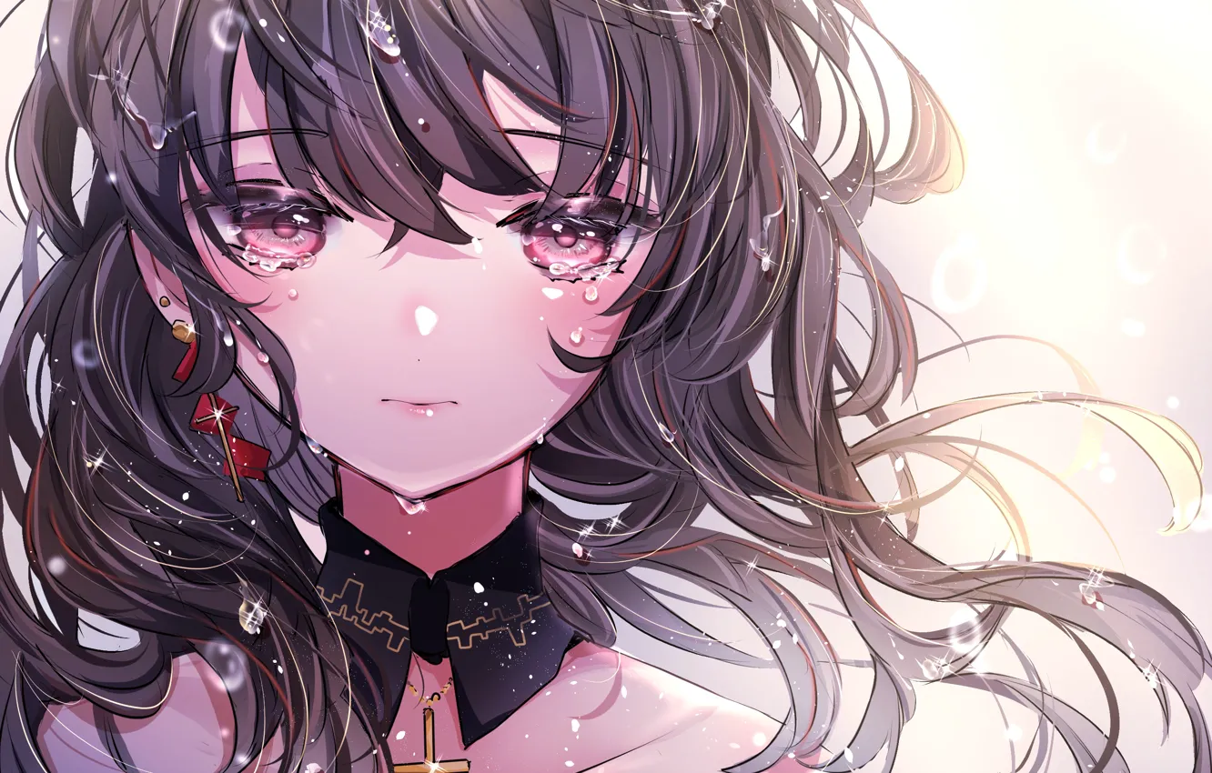 Photo wallpaper girl, drops, cross, tears, crying