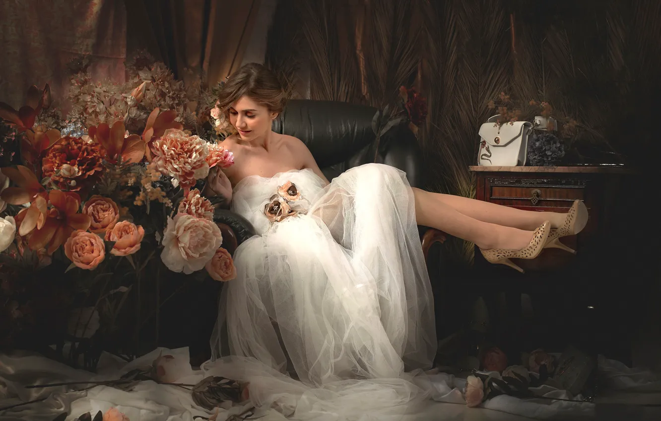 Photo wallpaper girl, flowers, style, mood, feet, shoes, the bride, wedding dress