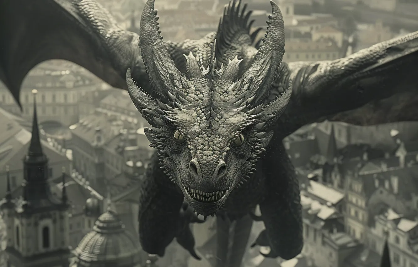 Photo wallpaper face, flight, the city, dragon, home, wings, black and white, digital art