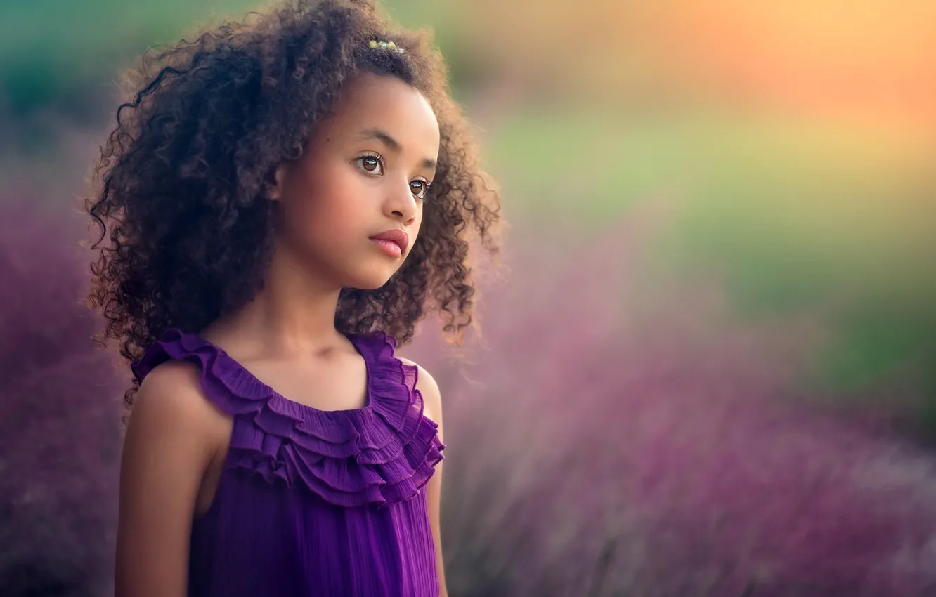 Photo wallpaper field, summer, look, children, girl, mulatto, curls, lavender