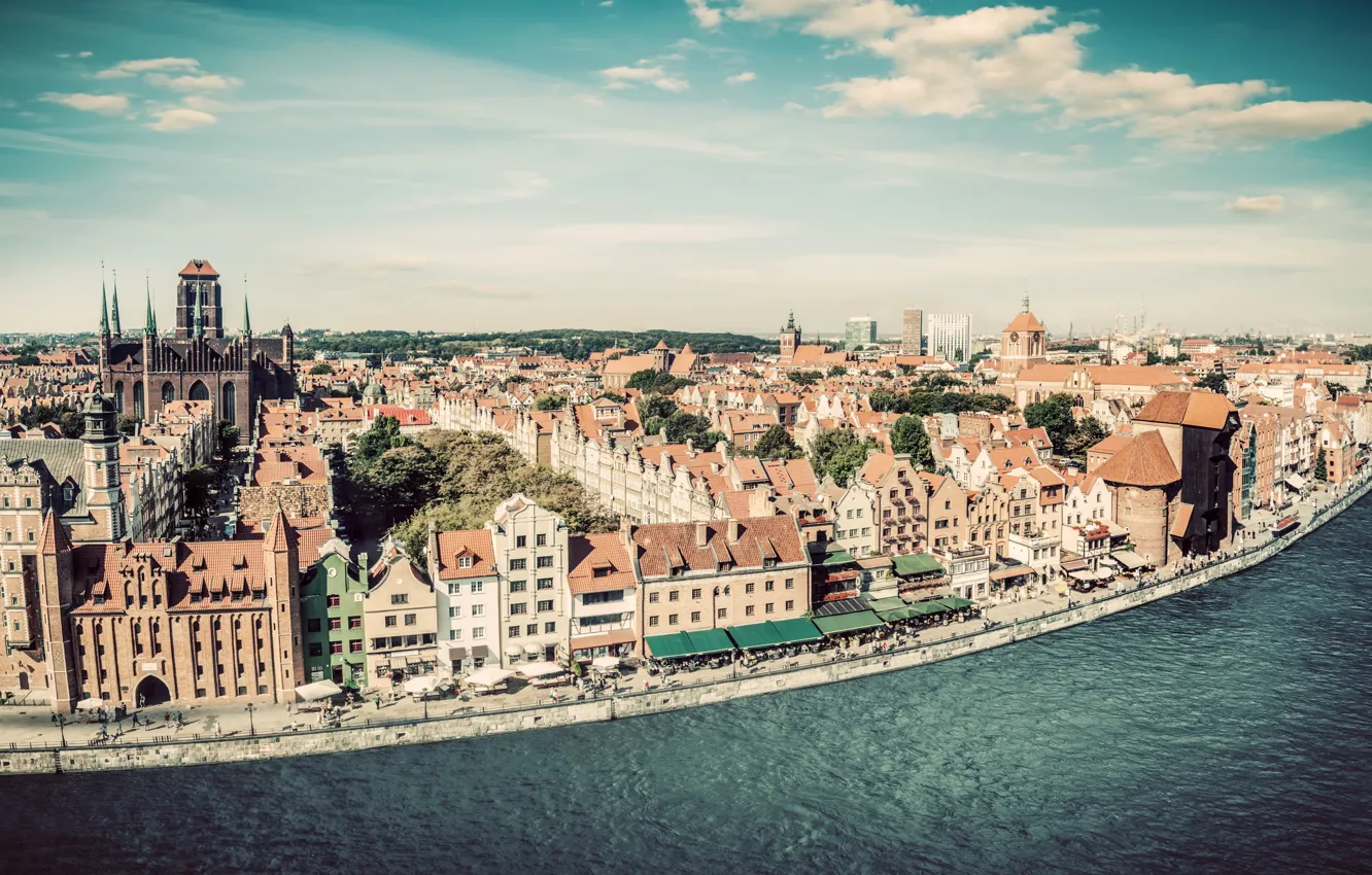 Photo wallpaper the sky, clouds, river, home, Poland, Sunny, promenade, Gdansk