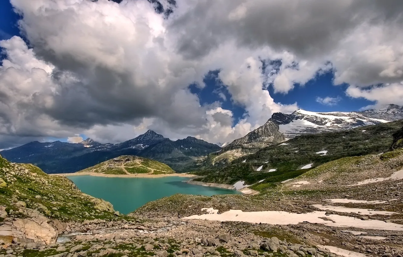 Photo wallpaper clouds, snow, mountains, lake