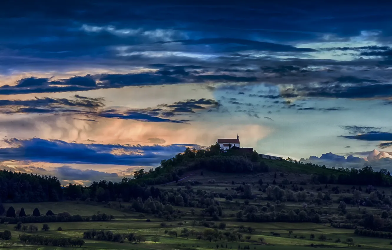 Photo wallpaper trees, sunset, hills, the evening, Church