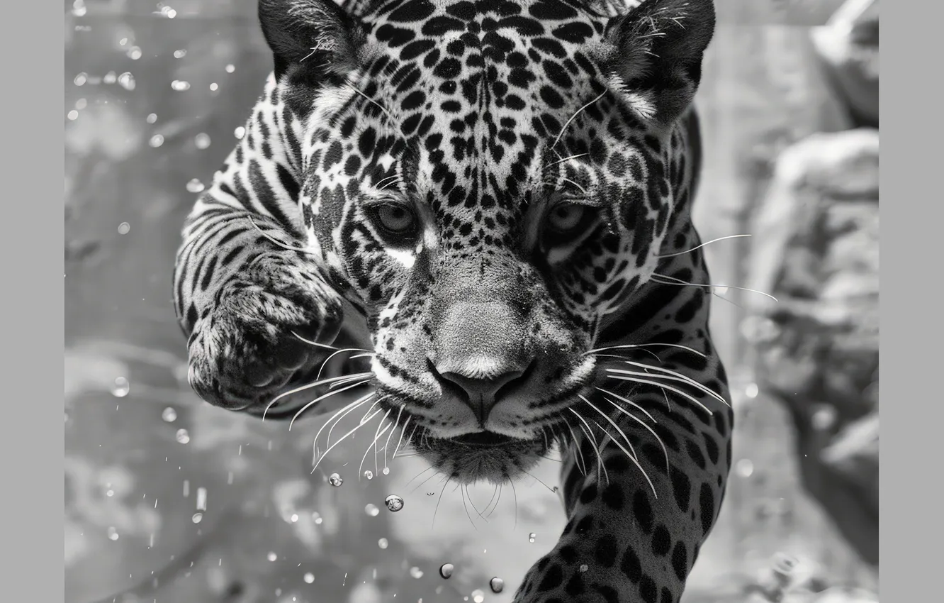 Photo wallpaper Look, Jump, Jaguar, Face, Predator, Digital art, Black and white, Big cat