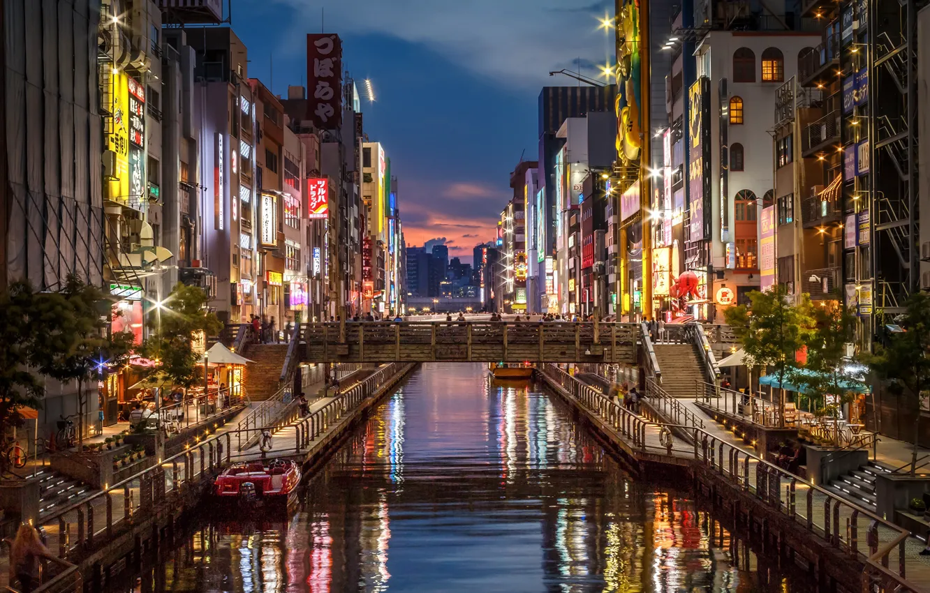 Photo wallpaper night, bridge, lights, river, home, Japan, lights, channel