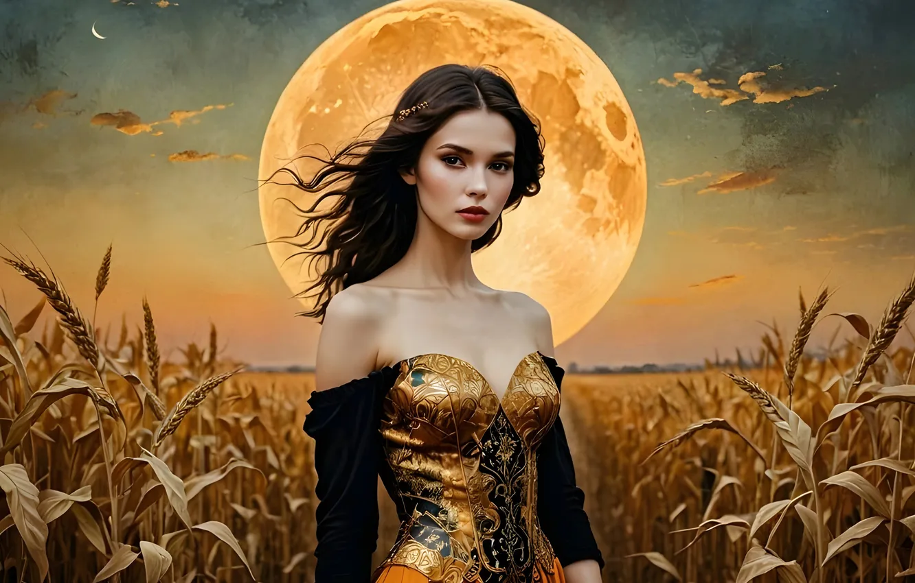 Photo wallpaper neural network, portrait, look, pose, AI art, Princess, face, the moon