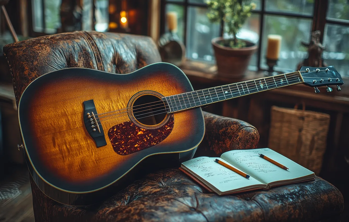 Photo wallpaper music, guitar, chair, Notepad, AI art, neural network