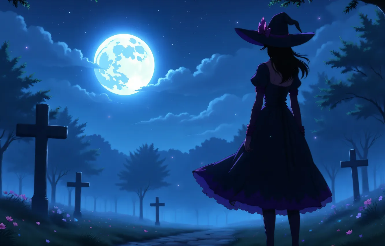 Photo wallpaper girl, clouds, night, fog, holiday, the moon, hat, silhouette