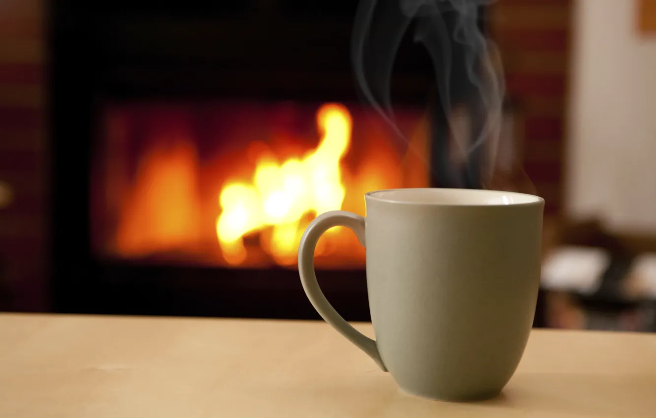 Photo wallpaper heat, fire, coffee, hot, mug, Cup, fireplace