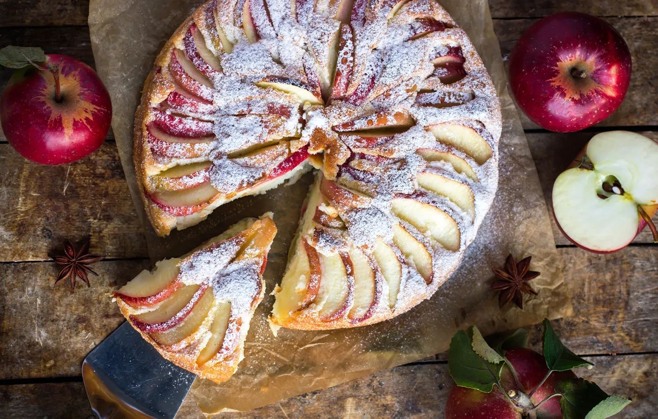 Photo wallpaper apples, pie, cinnamon, cakes, piece, delicious