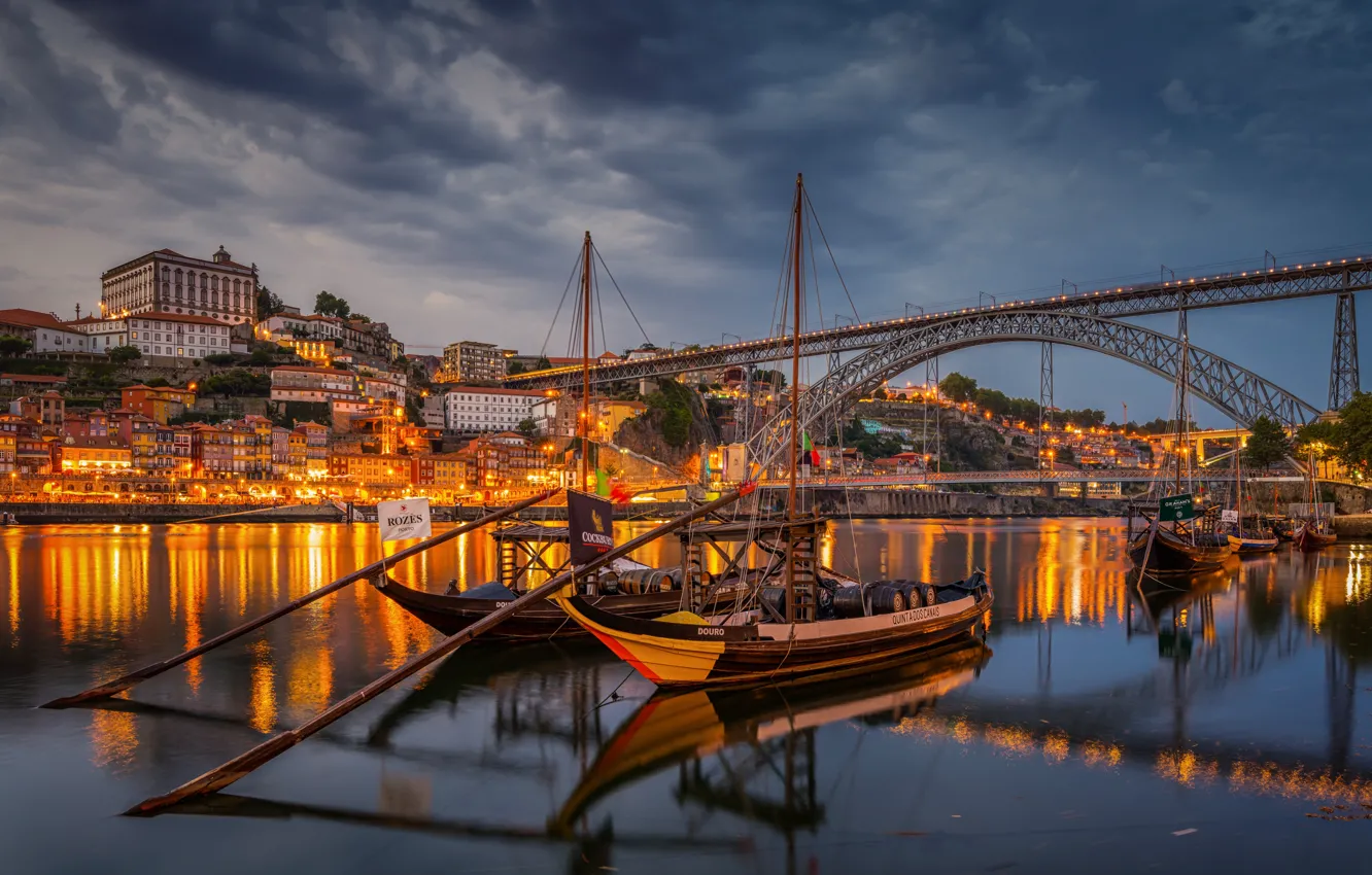 Photo wallpaper bridge, river, boat, home, port, Portugal, night city, Portugal