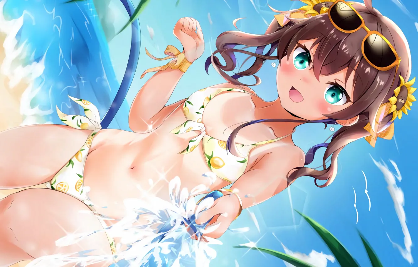 Photo wallpaper girl, sexy, cleavage, beach, green eyes, sea, brown hair, boobs