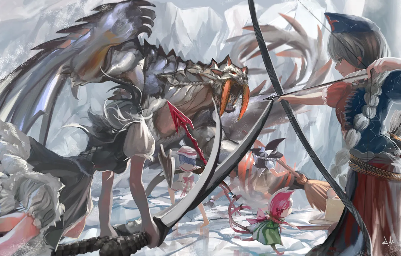 Photo wallpaper girl, weapons, monster, battle, touhou, kirisame marisa, Monster Hunter, Konpaku Youmu