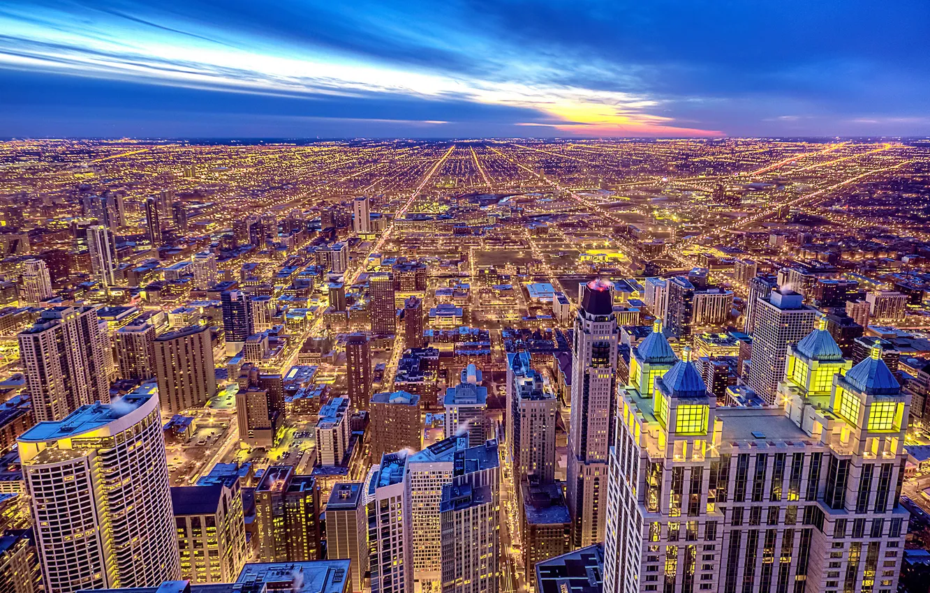 Photo wallpaper the city, building, skyscrapers, the evening, Chicago, panorama, USA, Il
