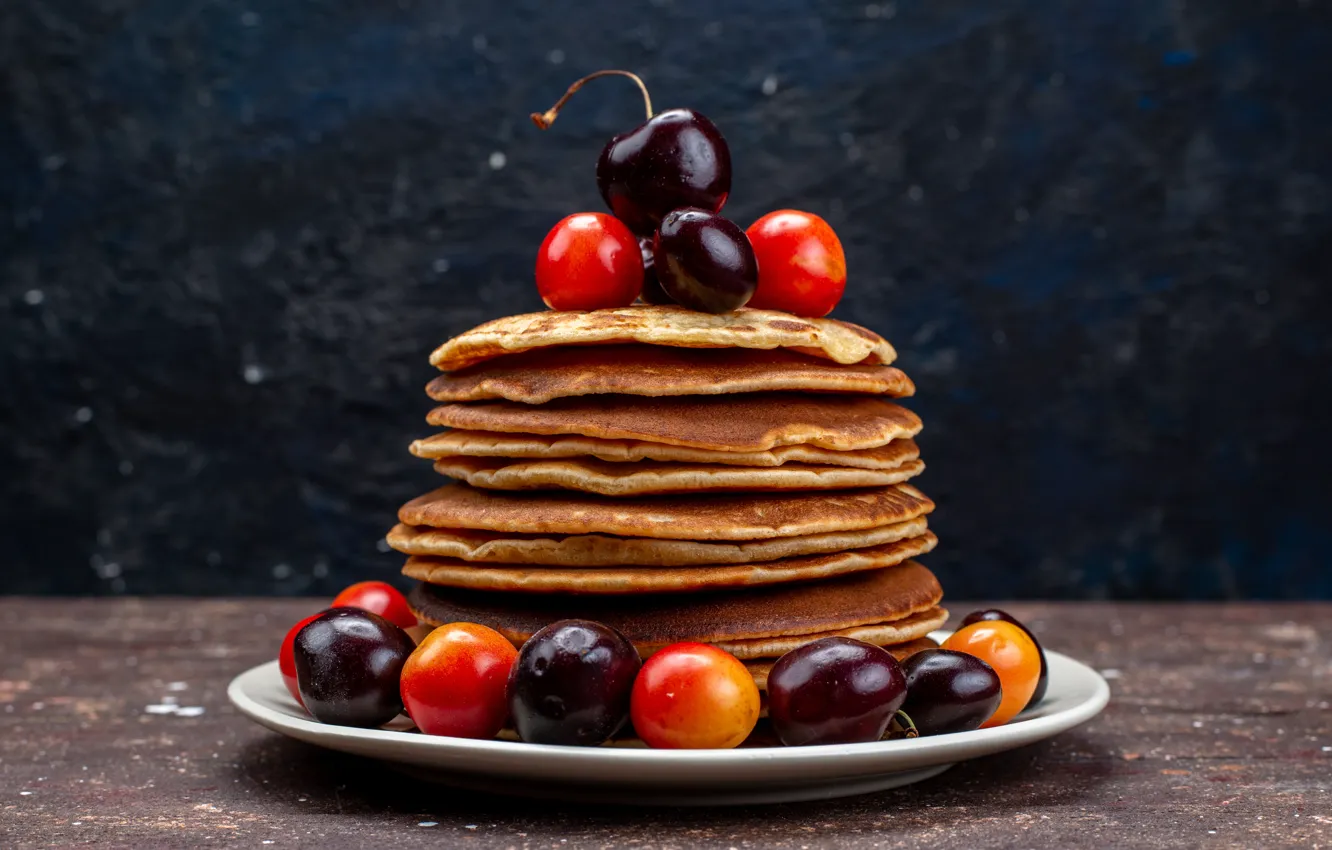Photo wallpaper cherry, stack, pancakes, cherry, pancakes, pancakes, pancake