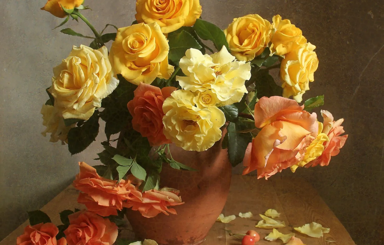 Photo wallpaper yellow, roses, bouquet, luxury