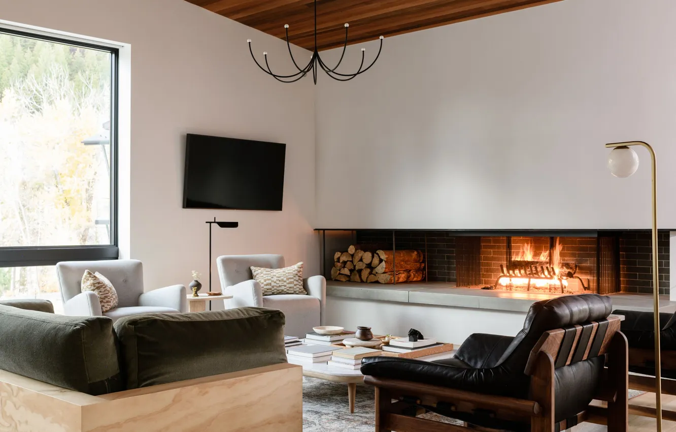 Photo wallpaper design, style, interior, fireplace, upholstered furniture, Cozy living room, by Livingetc, Cabin Decor Ideas for …