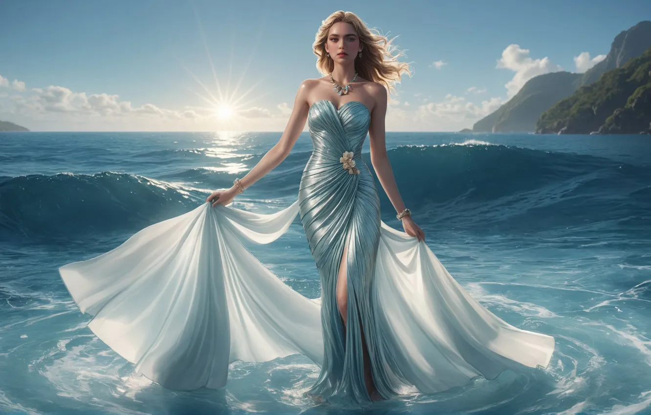 Photo wallpaper sea, girl, the sun, dress, lady