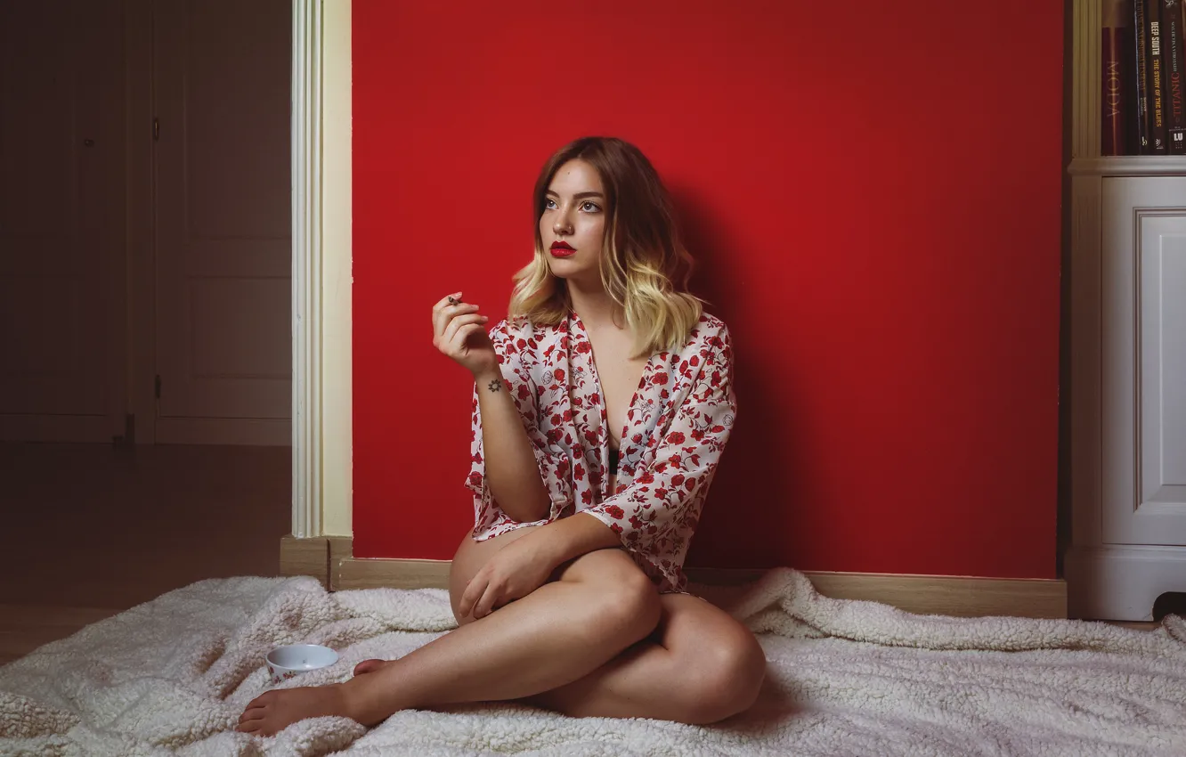 Photo wallpaper girl, face, hair, cigarette, floor, legs, sitting
