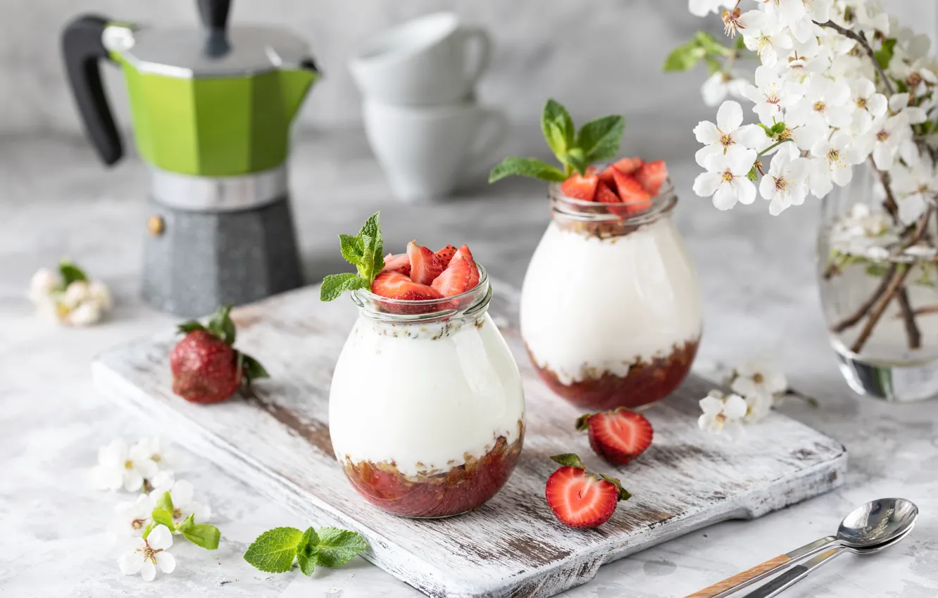 Photo wallpaper berries, Breakfast, strawberry, jars, yogurt, Granola, Karina Klachuk