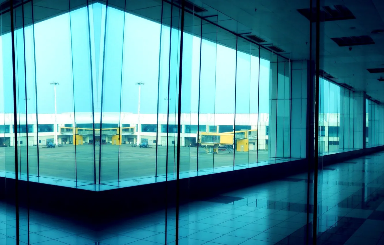 Photo wallpaper blue, window, corridor, yard