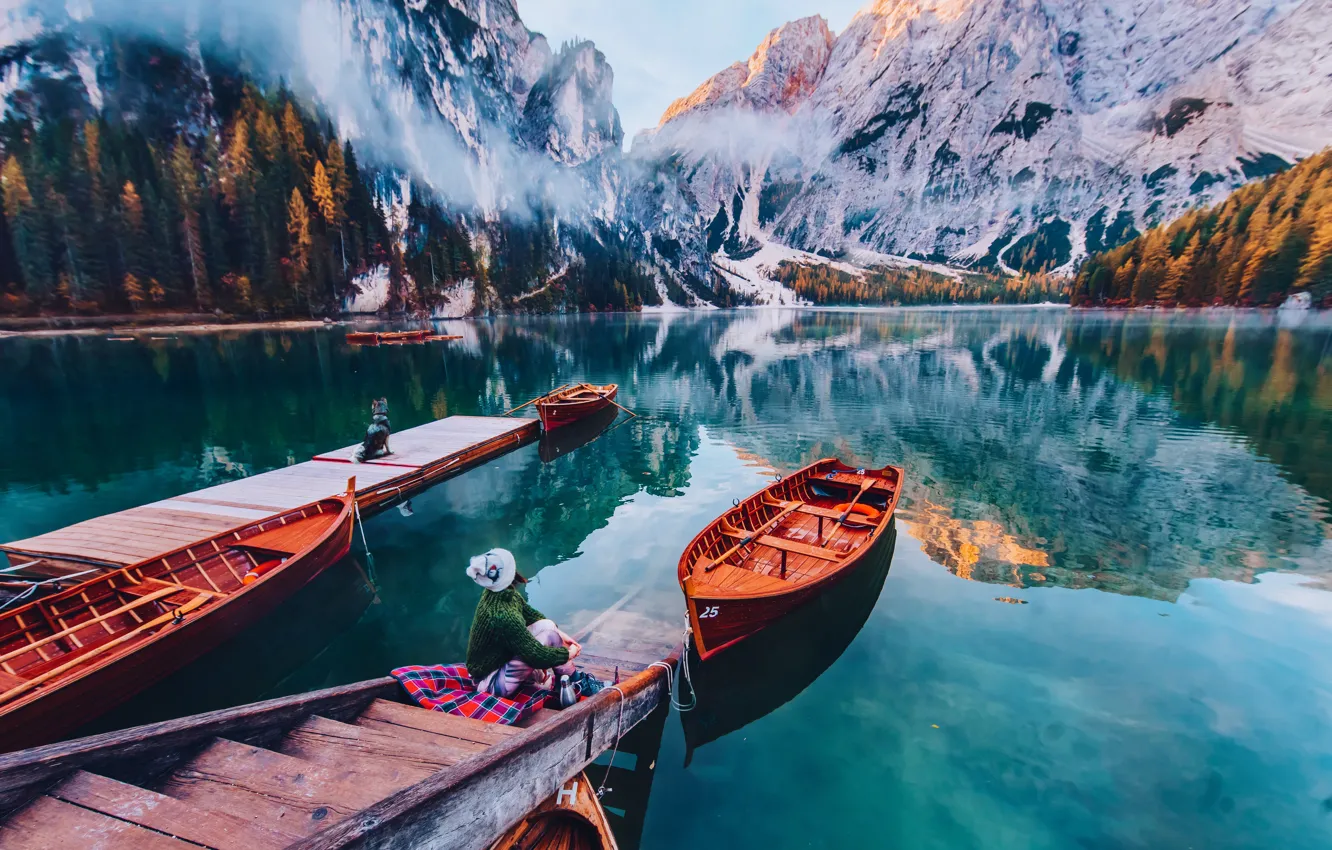 Photo wallpaper girl, landscape, mountains, nature, lake, dog, boats, Italy