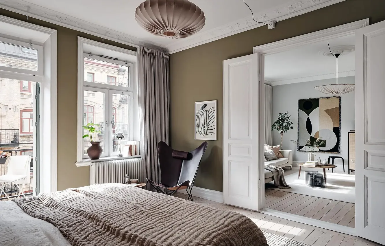 Photo wallpaper design, style, interior, balcony, bedroom, living room, city apartment, Light-grey living room