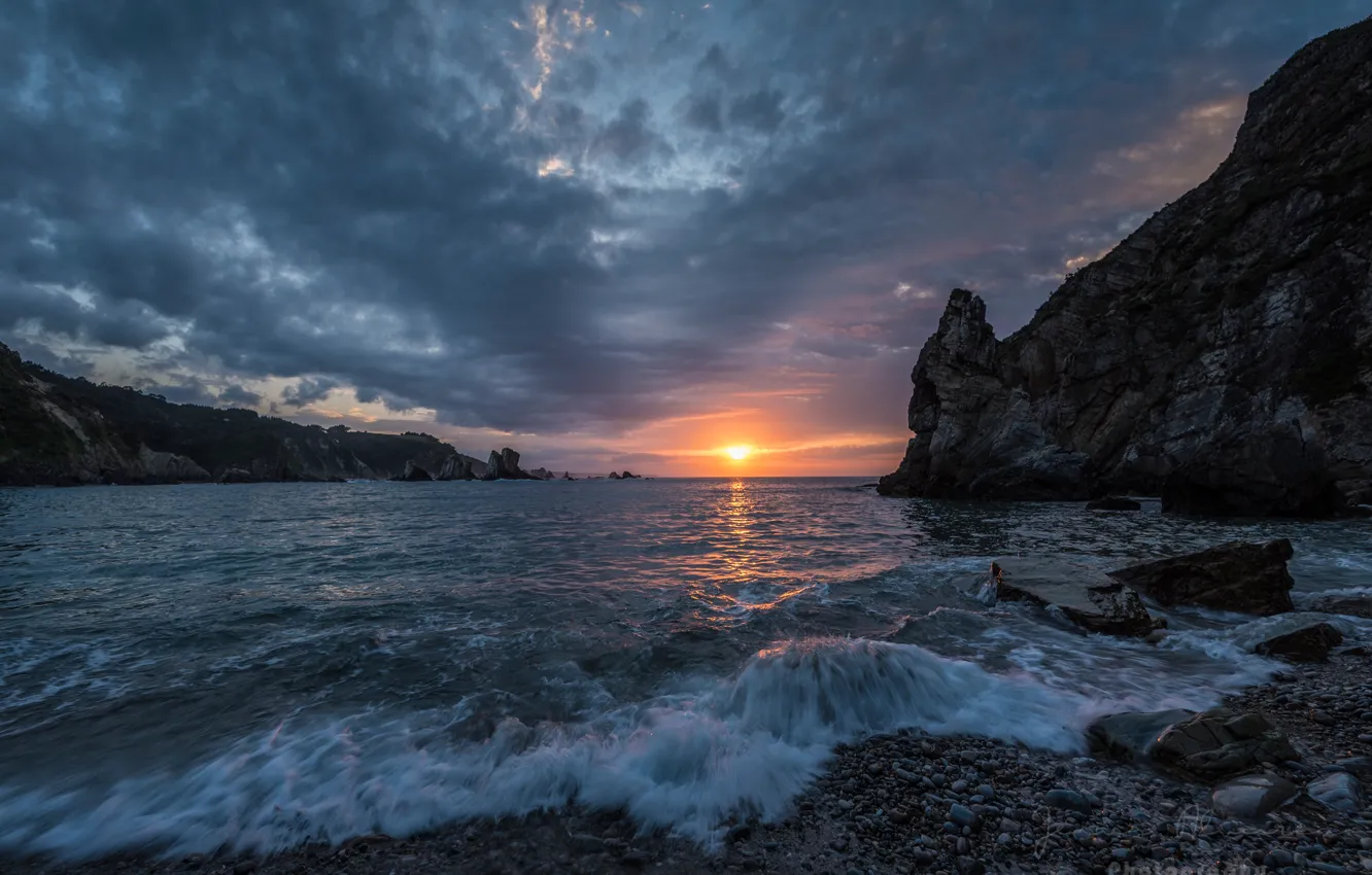 Photo wallpaper sea, sunset, rocks