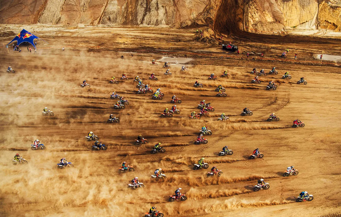 Photo wallpaper Sand, Dust, Desert, Speed, Moto, Red Bull, A lot, Motorcycles