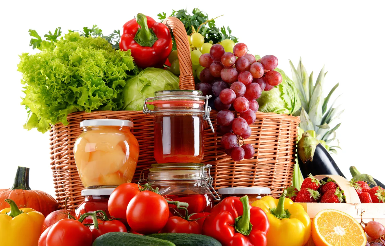 Photo wallpaper basket, oranges, strawberry, honey, grapes, pepper, fruit, tomatoes