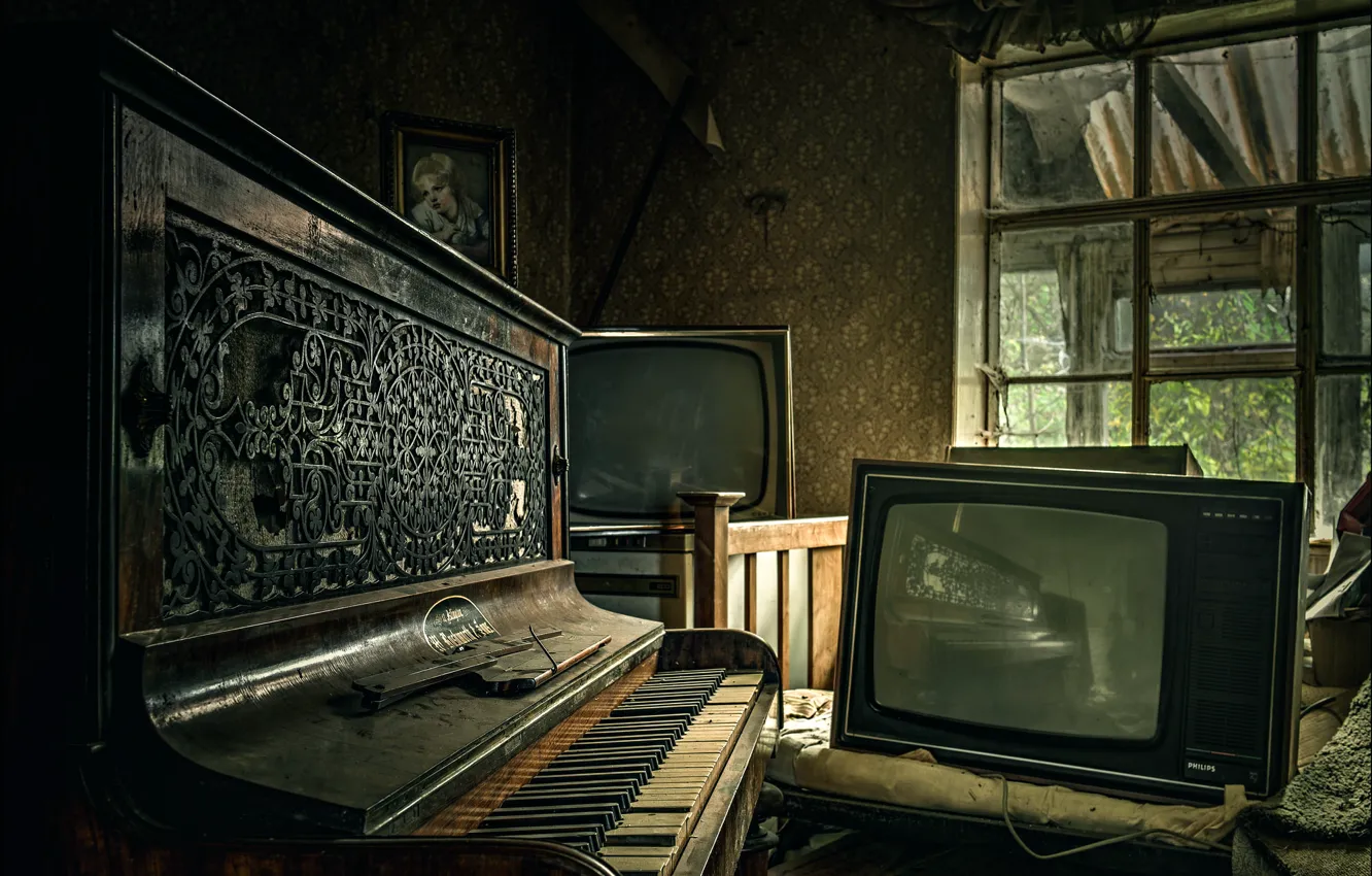 Photo wallpaper room, piano, Piano and TV
