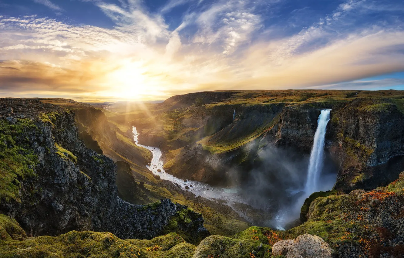 Photo wallpaper nature, sunrise, waterfall, morning