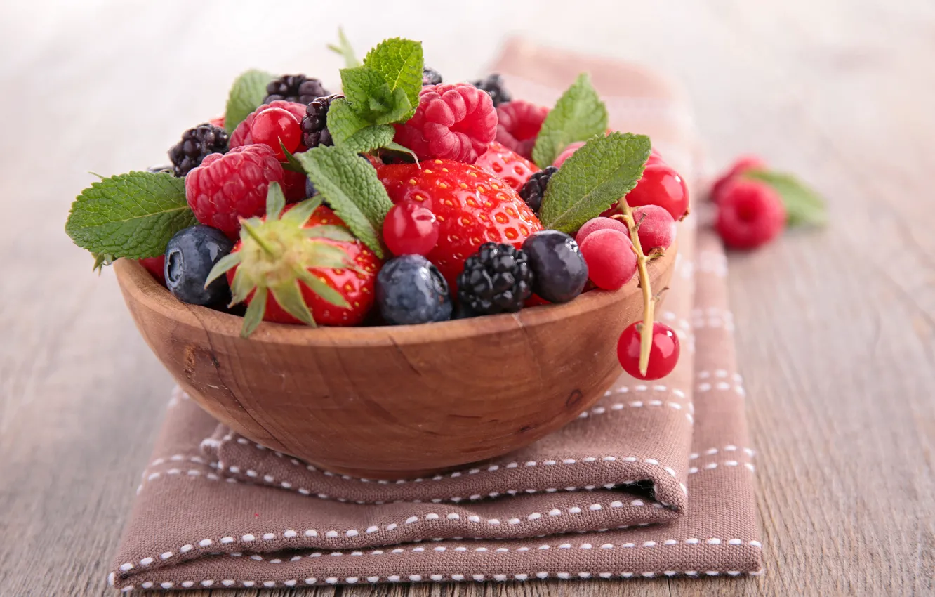 Photo wallpaper leaves, raspberry, table, blueberries, strawberry, berry, bowl, currants