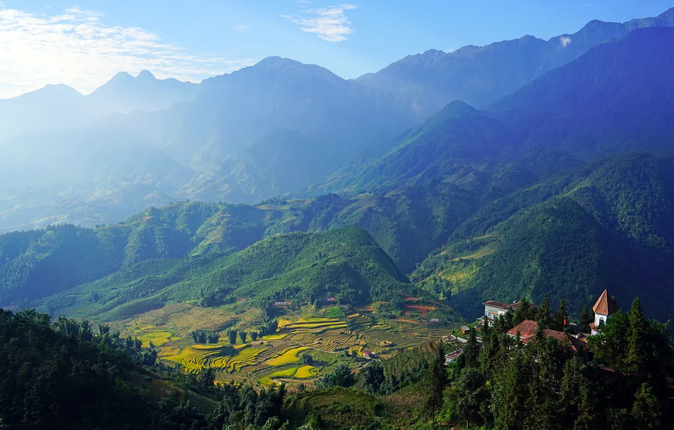 Photo wallpaper greens, field, forest, the sky, the sun, trees, mountains, home