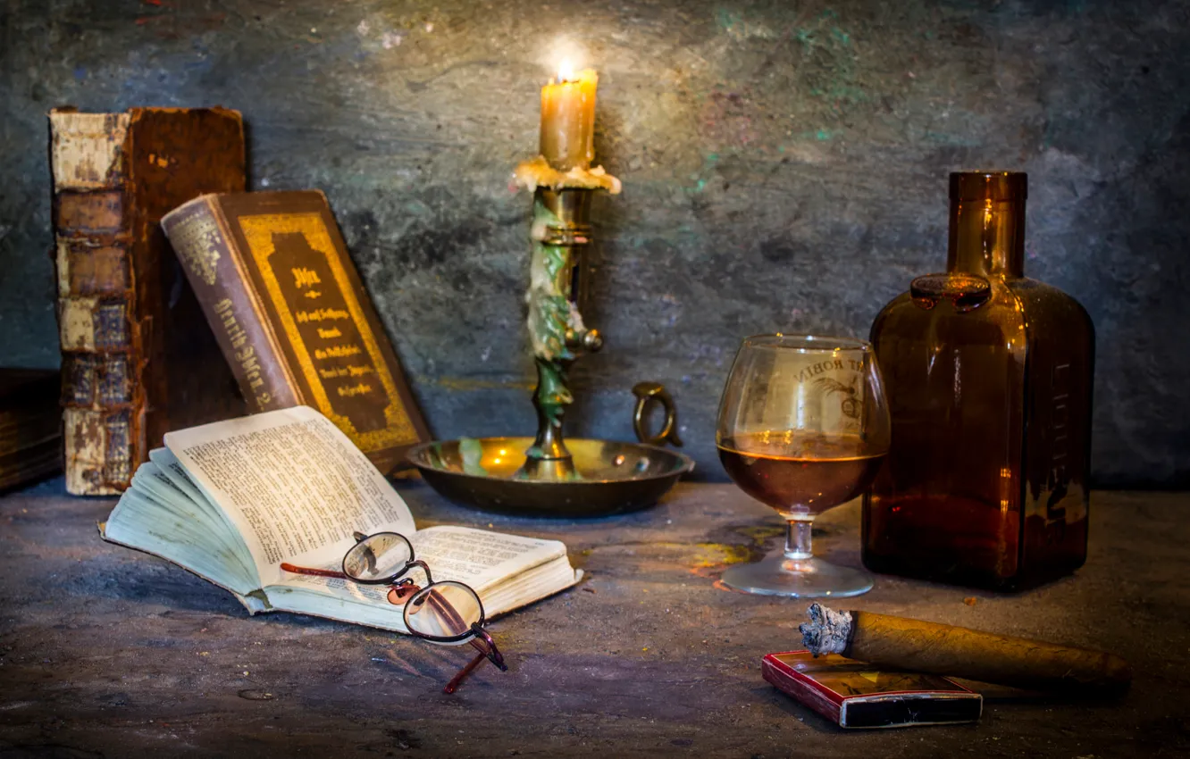 Photo wallpaper glass, books, candle, cigar, A cosy corner