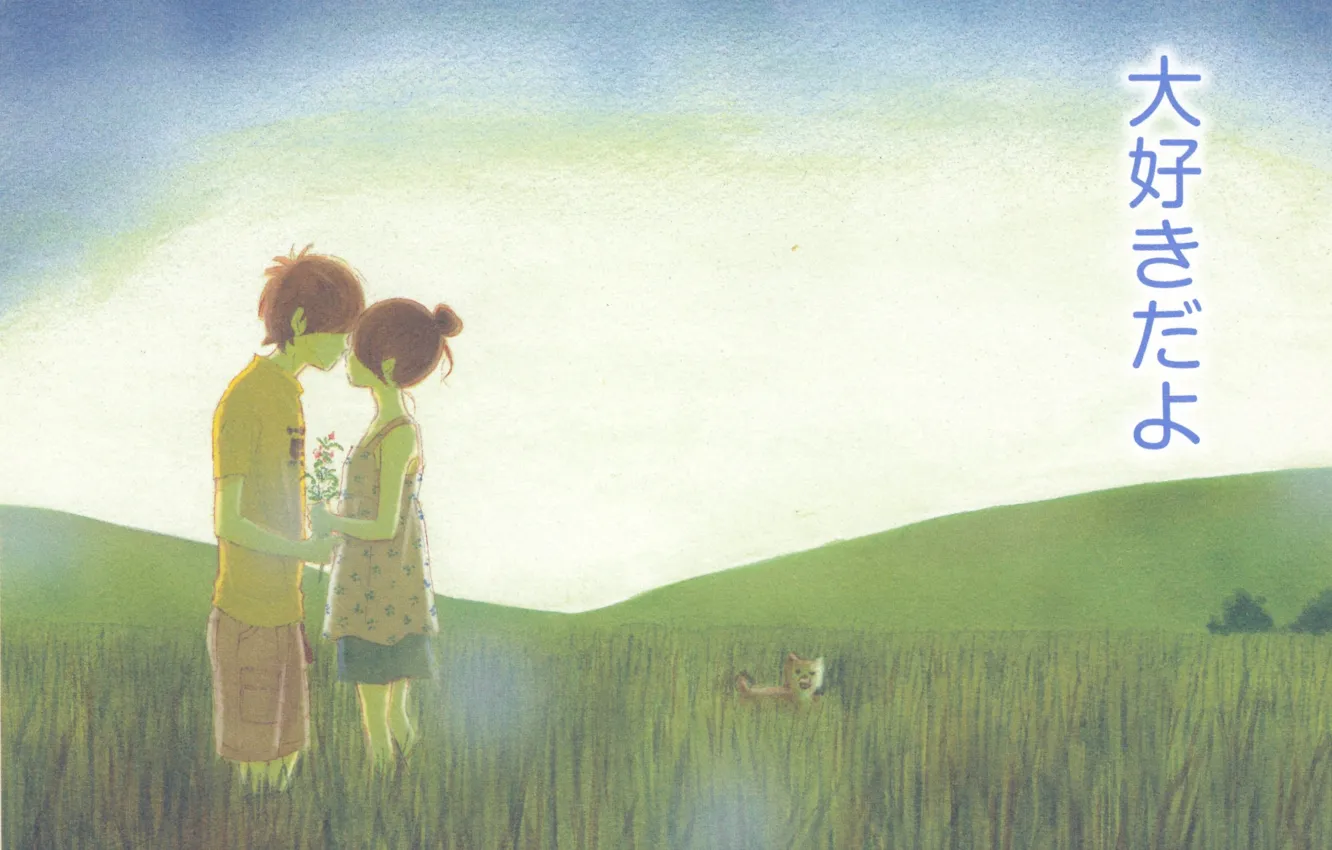 Photo wallpaper field, summer, grass, kiss, horizon, characters, puppy, two
