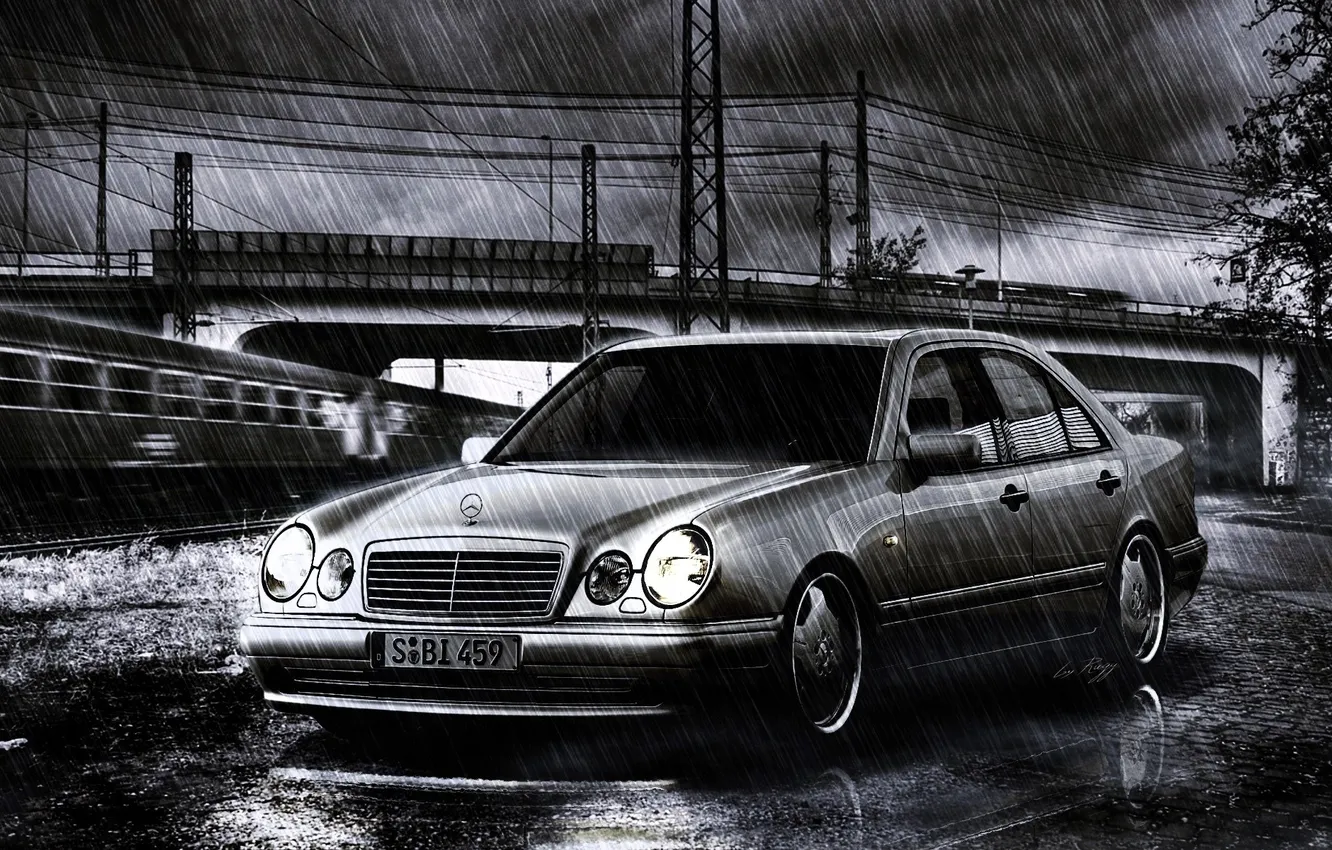 Photo wallpaper machine, auto, rain, car, Black and white