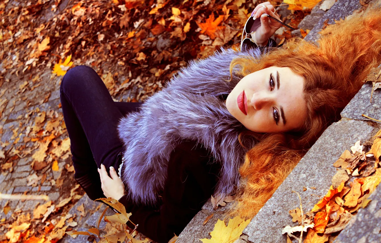 Photo wallpaper autumn, look, leaves, foliage, hair, steps, red