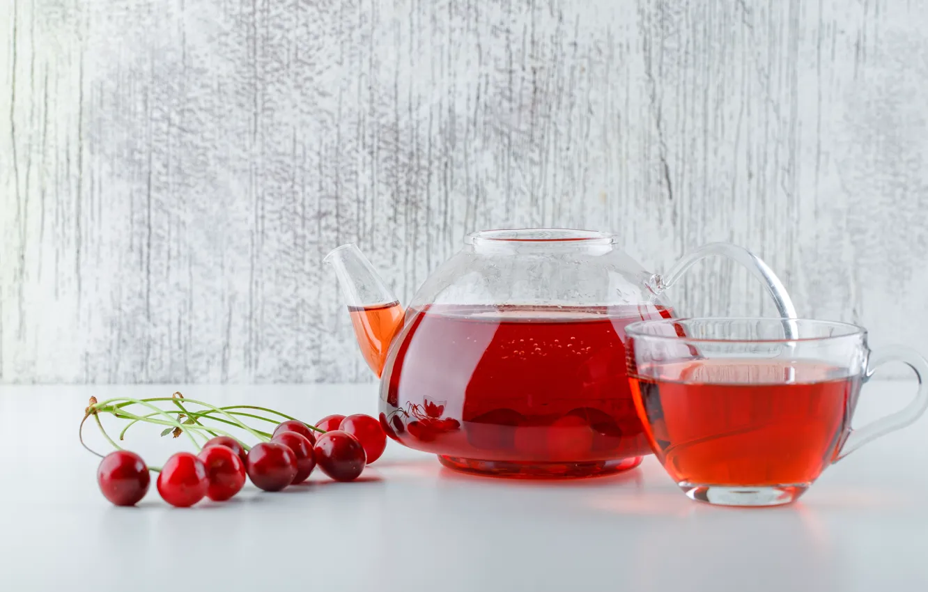 Photo wallpaper cherry, tea, kettle, Cup