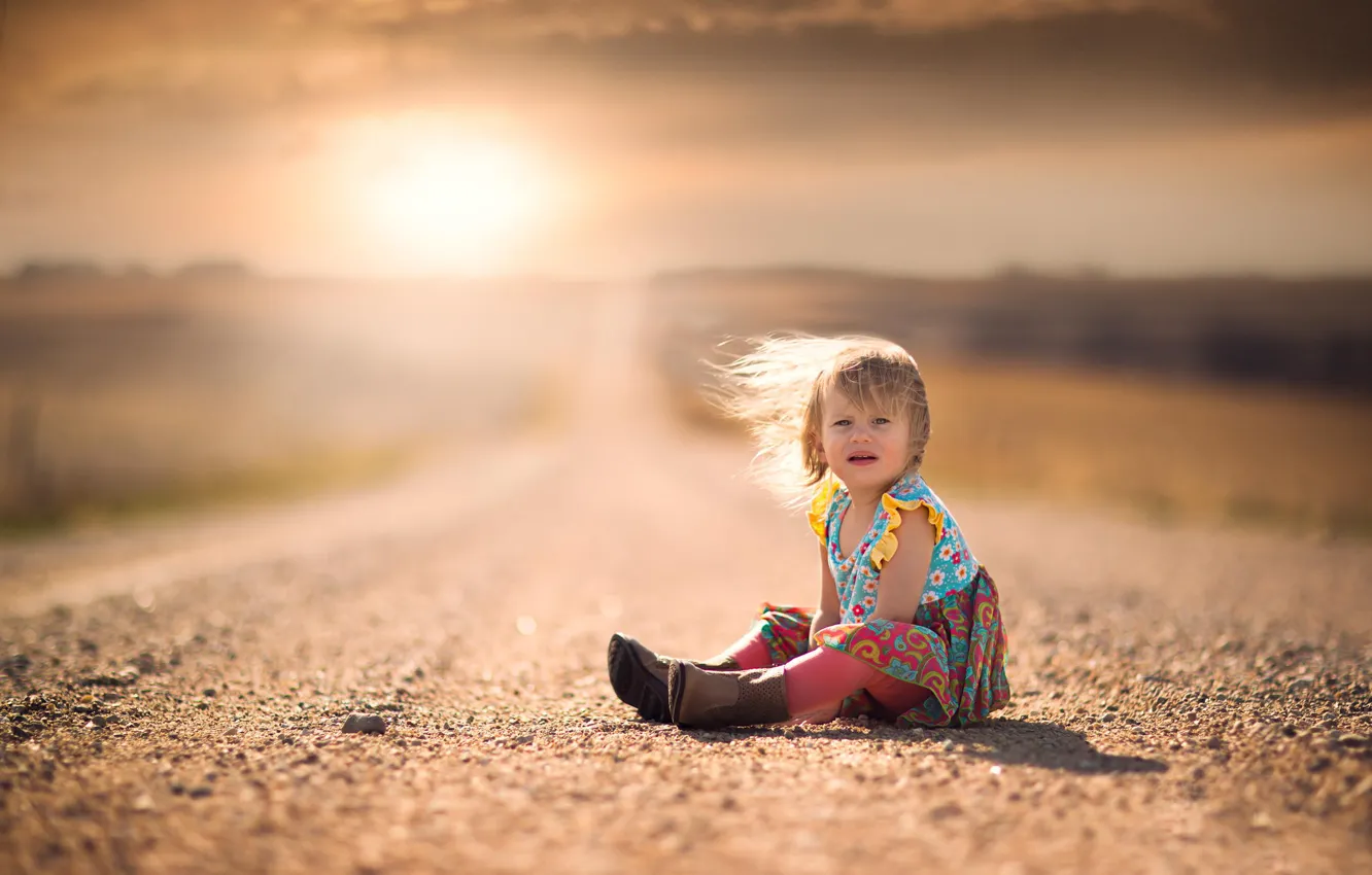 Photo wallpaper road, the wind, hair, dress, space, girl